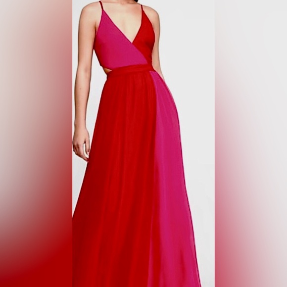 EXPRESS Red & Pink color block maxi dress w/cut outs & lace up back NEW RE $108+ - Picture 11 of 12
